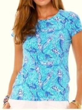 Lilly Pulitzer Size M Blue Turquoise Mermaid Print Short Sleeve Tee